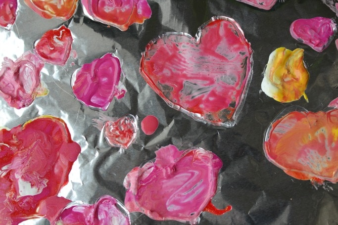painting on foil valentines activity for preschool
