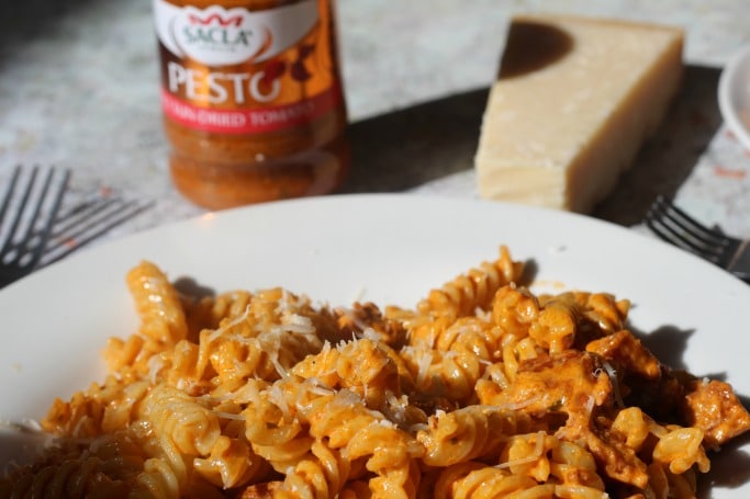 pasta with tomato pesto and chorizo
