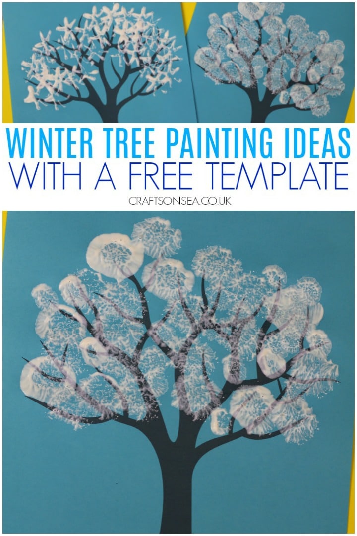winter tree painting ideas for kids with a free template