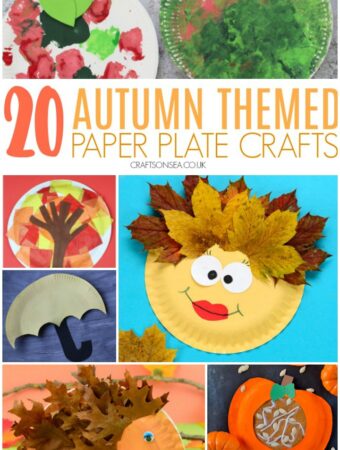 collage of autumn crafts for kids made with paper plates including hedgehogs and autumn trees
