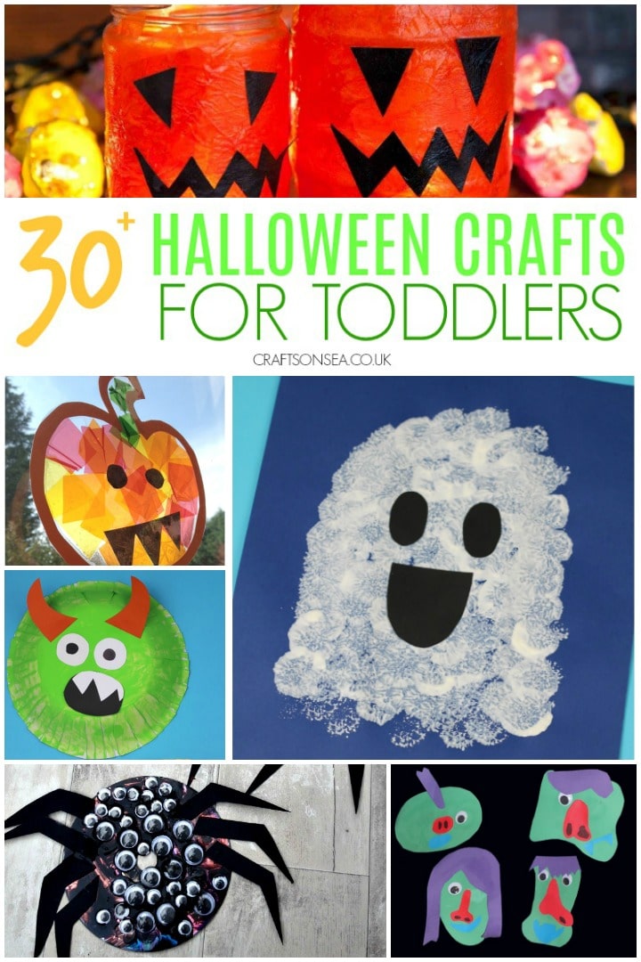 collage of halloween crafts for toddlers one two three year olds with ghost pumpkin and monster crafts