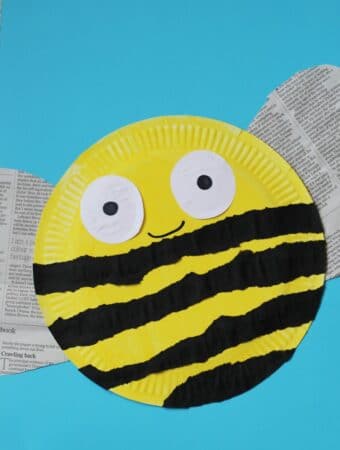 paper plate bee craft with recycled newspaper and torn paper