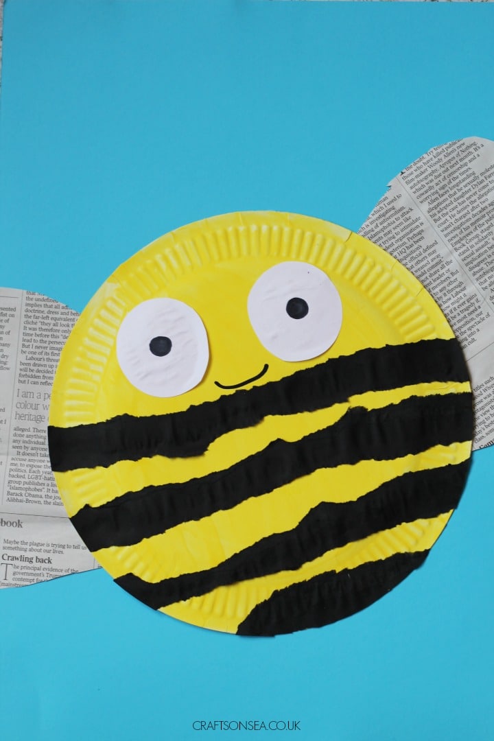 paper plate bee craft with recycled newspaper and torn paper