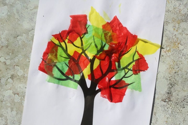 fall tree craft with wet tissue paper