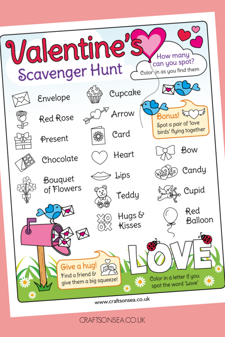 valentines scavenger hunt printable PDF for kids
