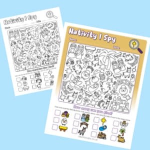 nativity i spy printable worksheet for kids to color with Mary Joseph and Jesus