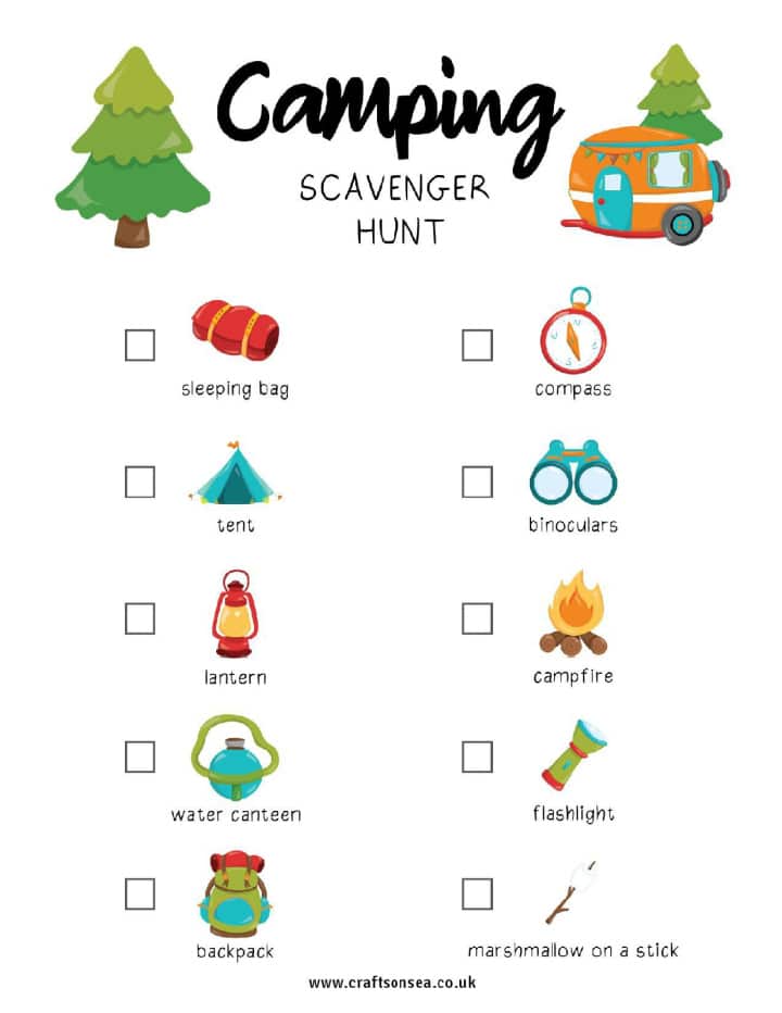 Printable camping scavenger hunt worksheet for kids
