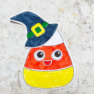 cut and paste candy corn craft printable with a witch's hat