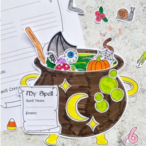 cut and paste cauldron craft filled with paper spell ingredients