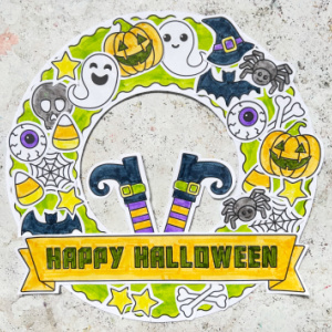 printable cut and paste halloween wreath craft for kids with ghosts and pumpkins