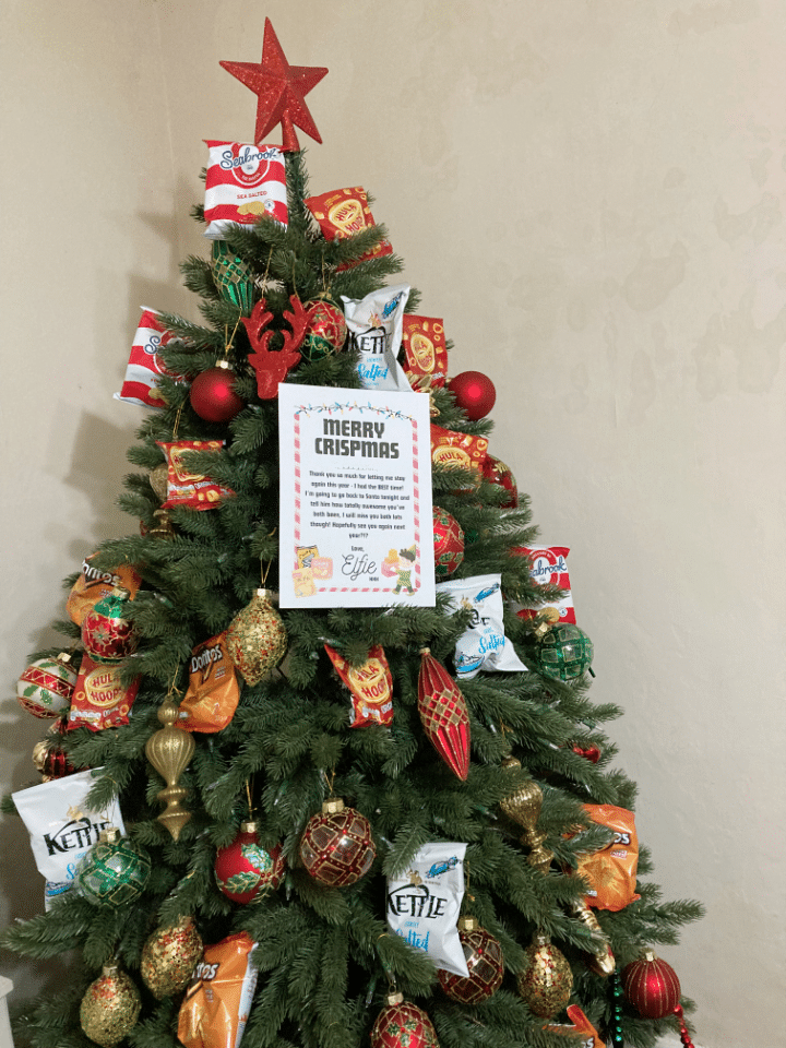 Funny Elf Crisp-mas tree idea with Christmas tree covered in crisp packets