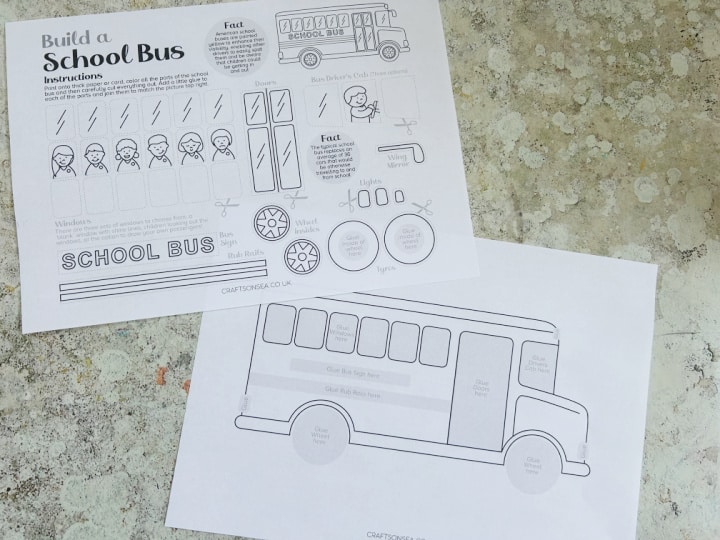 school bus cut and paste craft template printed onto white paper