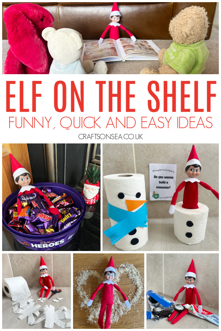 Easy and funny elf on the shelf ideas for Christmas including simple elf pranks and activities