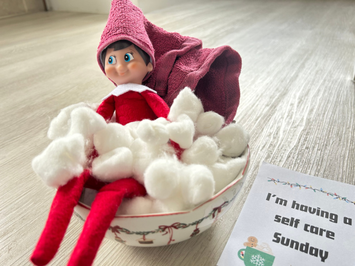 elf on the shelf self care idea with a cotton ball bath