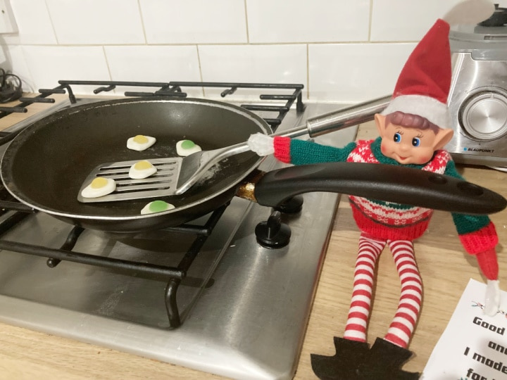 funny Christmas elf breakfast prank with Haribo fried eggs
