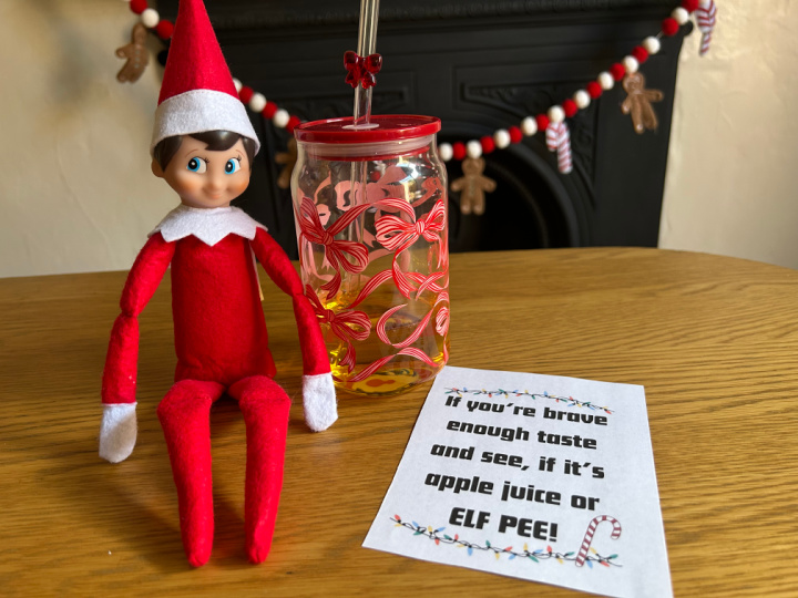 funny Elf on the Shelf apple juice prank for kids