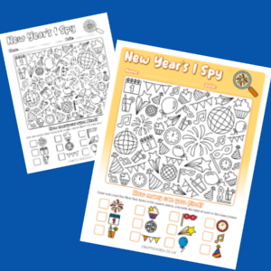 free printable i spy new years worksheet with black and white and color designs