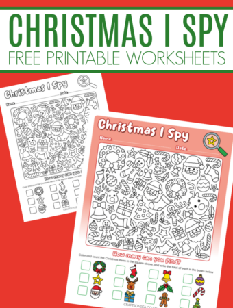 Free Christmas I Spy printable for kids showing black and white and partially colored pages with holiday themed items