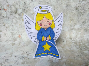 Finished 3D angel Christmas card craft standing up after assembly