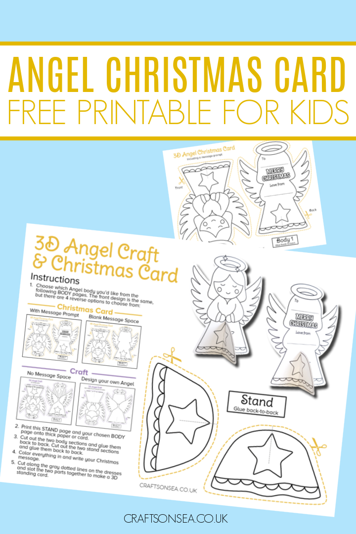 Free printable 3D angel Christmas card template for kids to color and make