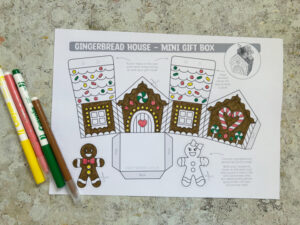 gingerbread house box colored in with markers