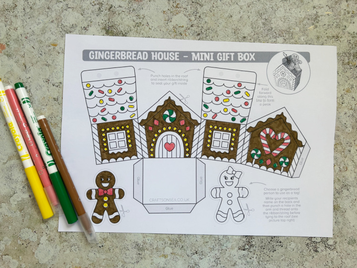 gingerbread house box colored in with markers