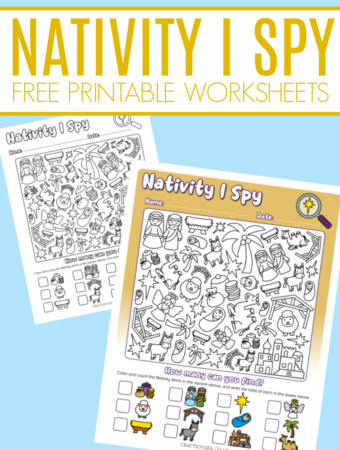 Free Nativity I Spy printable for kids showing black and white and partially colored worksheet pages with Nativity characters