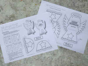 Free printable angel Christmas card PDF template showing craft parts before cutting