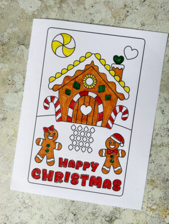 Printable gingerbread house Christmas card to color for kids