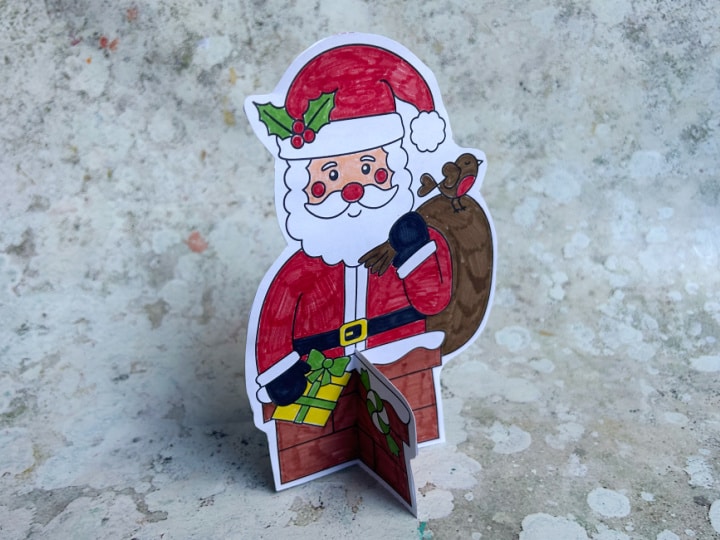 Printable Santa Christmas card standing upright after assembly