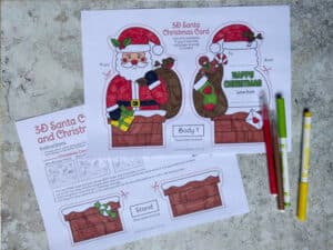 Santa card coloring page template for children colored in with markers