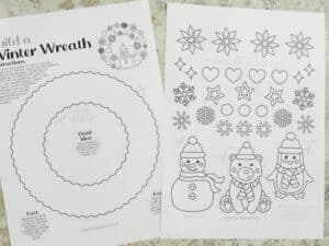 winter wreath craft template printed onto white paper