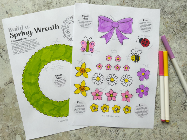 Coloring the printable spring wreath template with flowers and butterfly