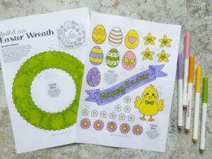 Coloring the printable Easter wreath template with eggs and chick