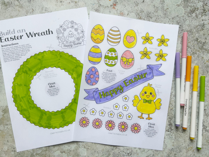 Coloring the printable Easter wreath template with eggs and chick