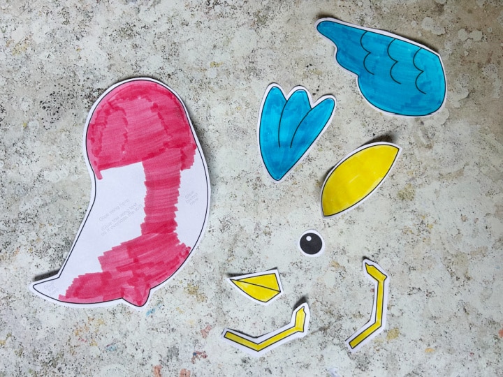 Cutting out the pieces for a bird craft printable
