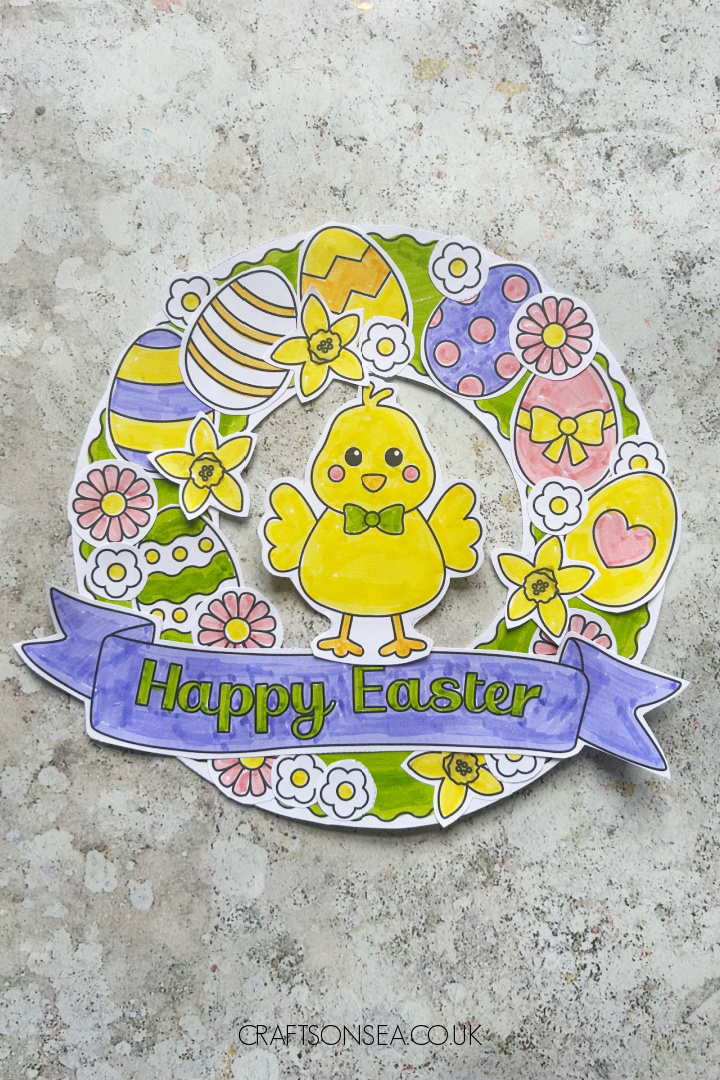 Easter wreath craft for kids made using a free printable template