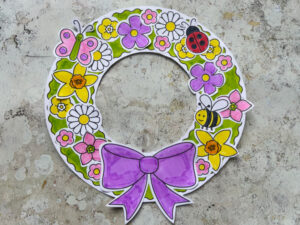 Printable spring wreath craft for kids with flowers bee and butterfly