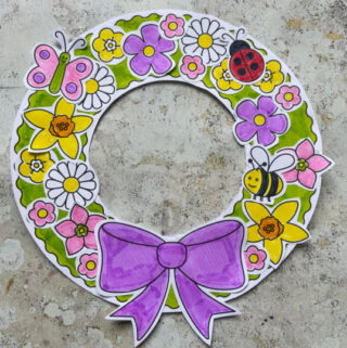 Printable spring wreath craft for kids with flowers bee and butterfly