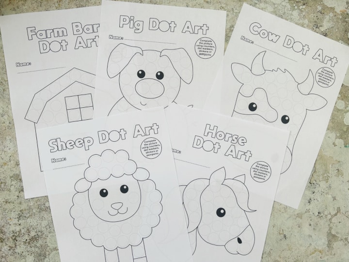 printable farm dot a dot marker templates with farm barn sheep pig cow and horse
