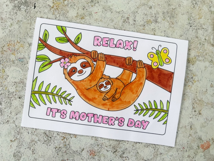 finished sloth Mother’s Day card folded in half