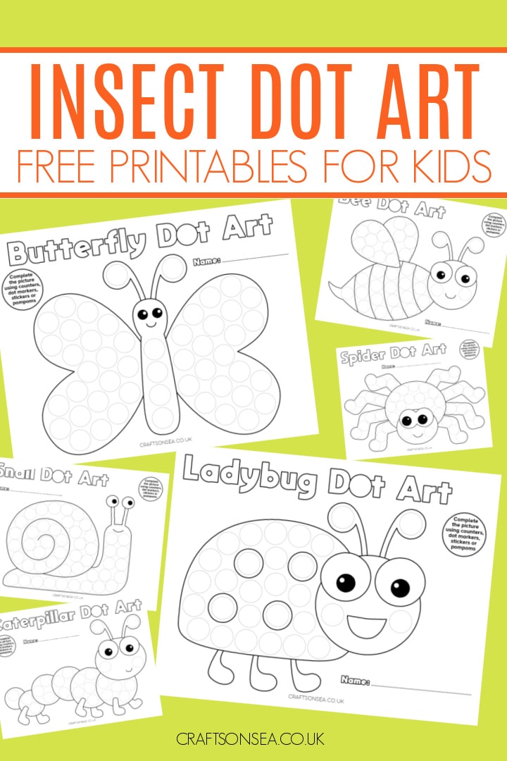 Free insect dot art printables for kids including butterfly bee ladybug caterpillar and snail