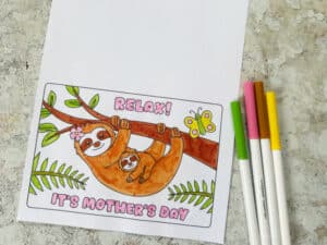 colored in sloth Mother’s Day card printable