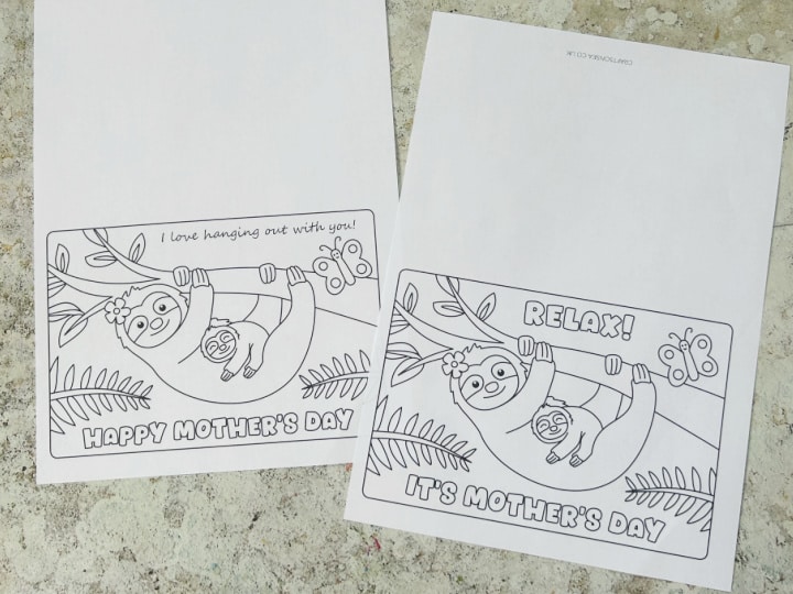 Sloth Mother’s Day cards printed onto white paper