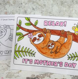 sloth Mother’s Day card printable for kids