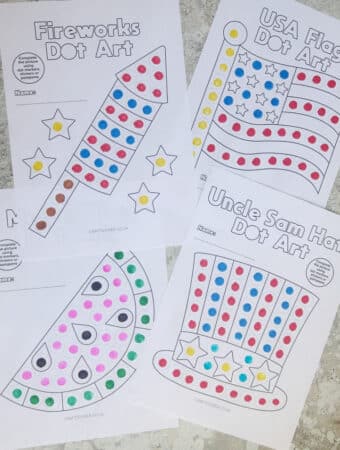 Fourth of July dot marker printables free PDF with firework US flag Uncle Sam hat and watermelon designs