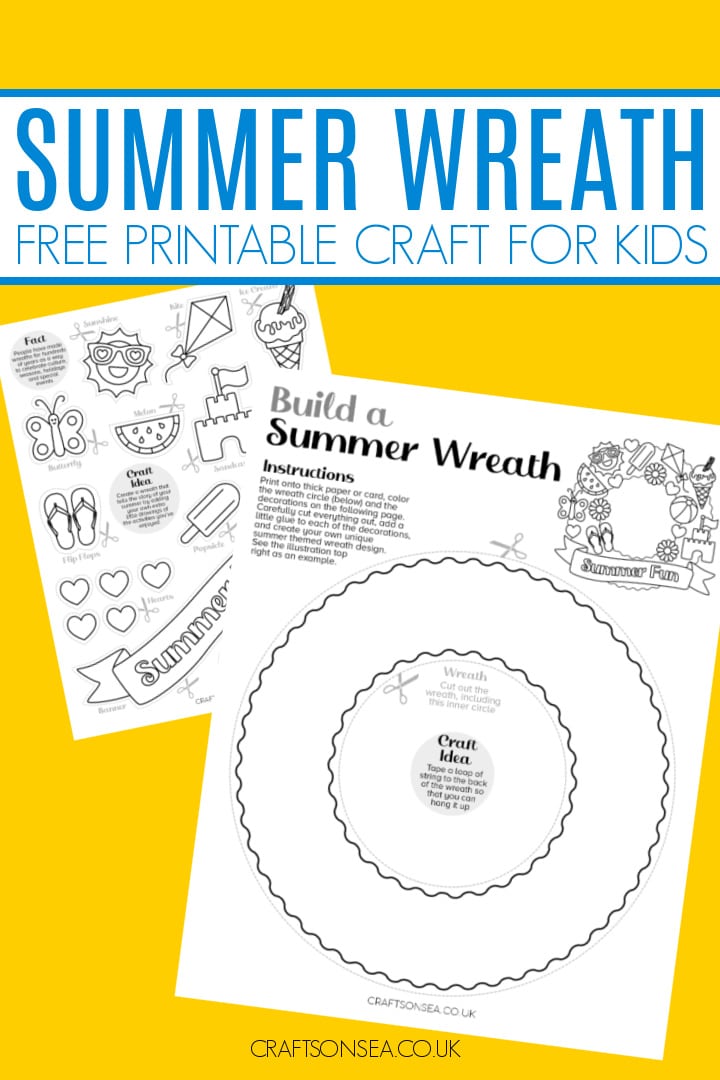 Free printable summer wreath template PDF with sun sandcastle kite and popsicle