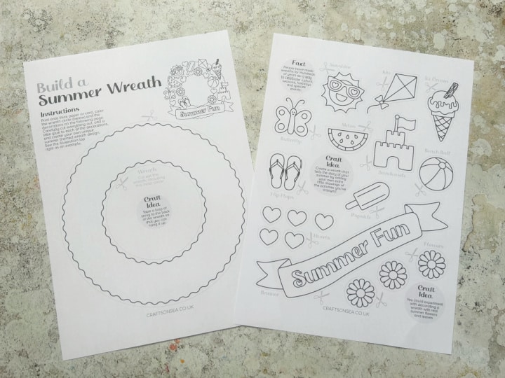 Two page summer wreath craft printed onto white paper