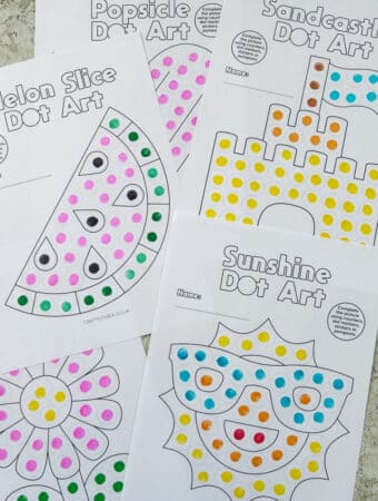 Summer dot marker printables free PDF featuring sun watermelon popsicle beach ball flower and sandcastle