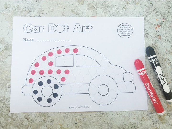 Car dot marker printable being colored with dot markers